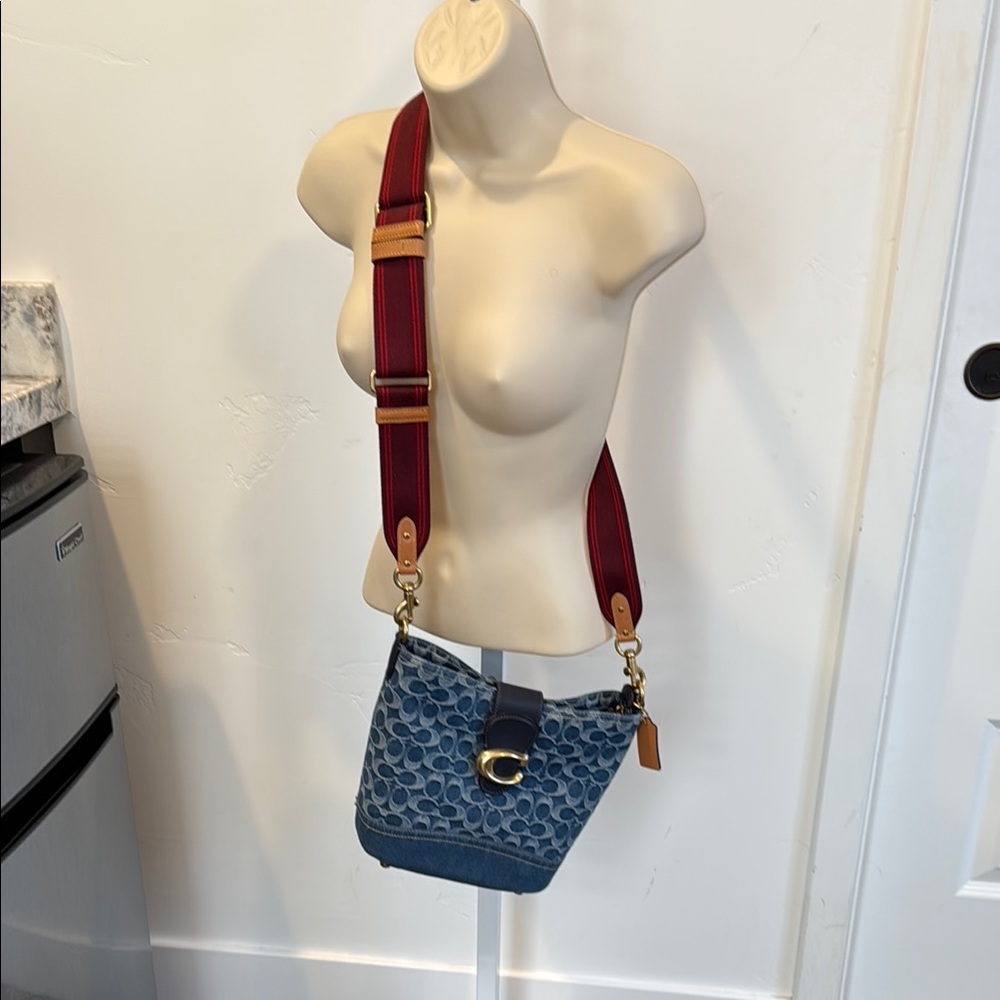 Coach Blue Denim Signature Crossbody with Burgundy and leather Straps